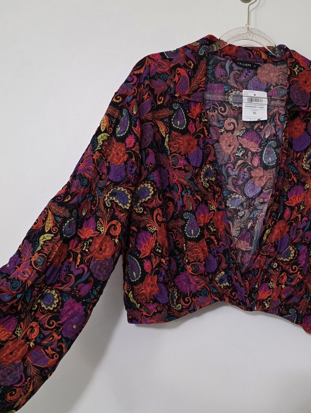 NWT Calliope Crop Vibrant Paisley Print Blouse Retro Hippie Boho Psychedelic XL